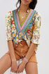 Boho Floral Patchwork Crochet V Neck Half Sleeve Blouse