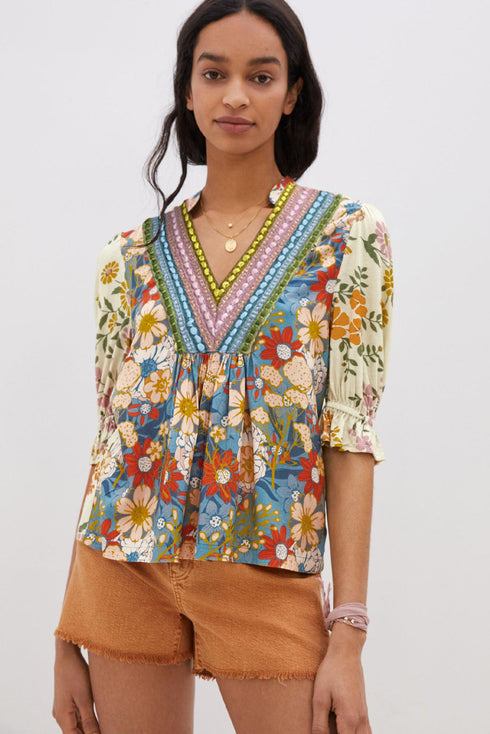 Boho Floral Patchwork Crochet V Neck Half Sleeve Blouse
