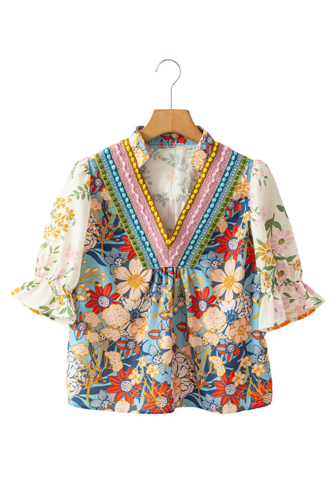 Boho Floral Patchwork Crochet V Neck Half Sleeve Blouse