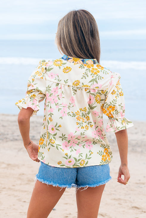 Boho Floral Patchwork Crochet V Neck Half Sleeve Blouse