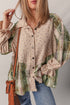 Boho Floral Plaid Patchwork Ruffled Sleeve Waffle Shacket