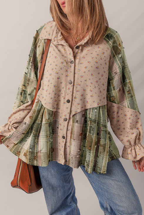 Boho Floral Plaid Patchwork Ruffled Sleeve Waffle Shacket