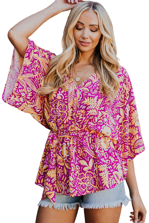 Boho Floral Print Belted Surplice Blouse