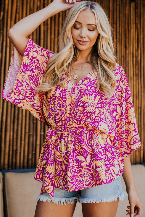 Boho Floral Print Belted Surplice Blouse