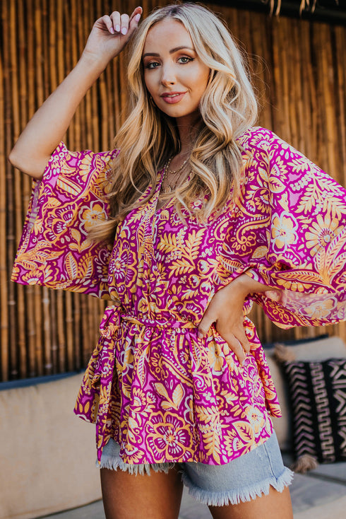 Boho Floral Print Belted Surplice Blouse