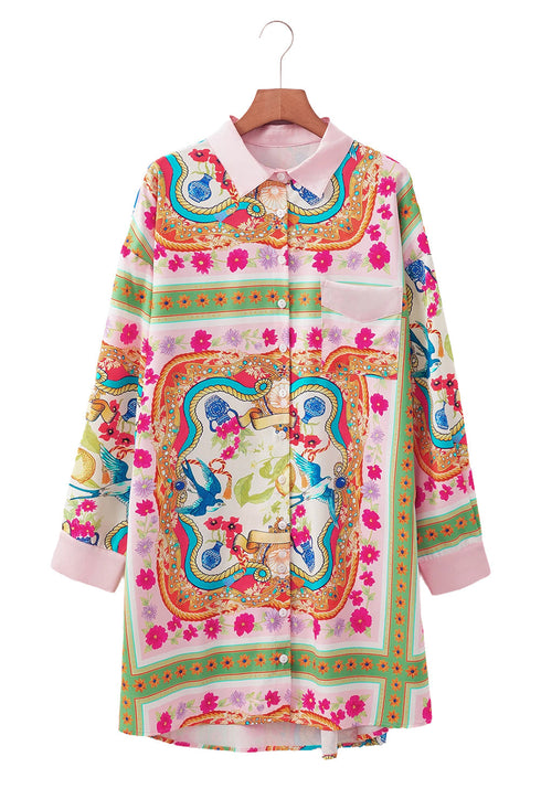 Boho Floral Print Buttoned Long Sleeve Shirt Dress