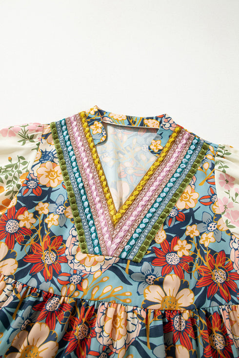 Boho Floral Print Crochet Patchwork V Neck Loose Mini Dress