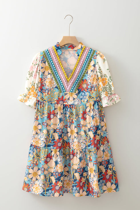 Boho Floral Print Crochet Patchwork V Neck Loose Mini Dress
