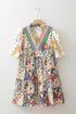 Boho Floral Print Crochet Patchwork V Neck Loose Mini Dress