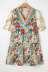 Boho Floral Print Crochet Patchwork V Neck Loose Mini Dress