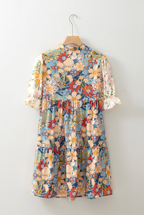 Boho Floral Print Crochet Patchwork V Neck Loose Mini Dress