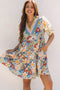 Boho Floral Print Crochet Patchwork V Neck Loose Mini Dress