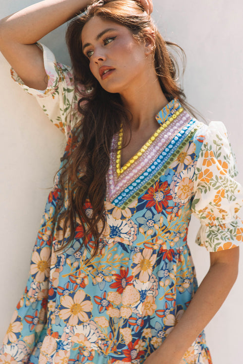 Boho Floral Print Crochet Patchwork V Neck Loose Mini Dress