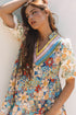 Boho Floral Print Crochet Patchwork V Neck Loose Mini Dress