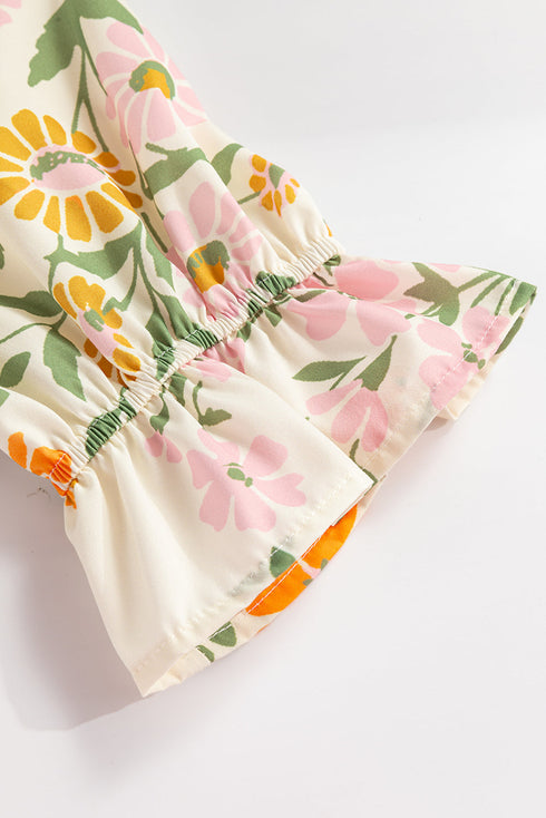 Boho Floral Print Crochet Patchwork V Neck Loose Mini Dress