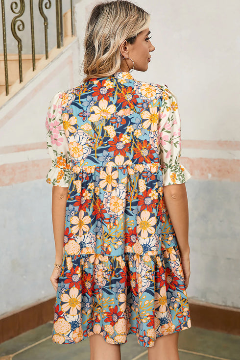 Boho Floral Print Crochet Patchwork V Neck Loose Mini Dress