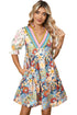 Boho Floral Print Crochet Patchwork V Neck Loose Mini Dress