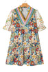 Boho Floral Print Crochet Patchwork V Neck Loose Mini Dress