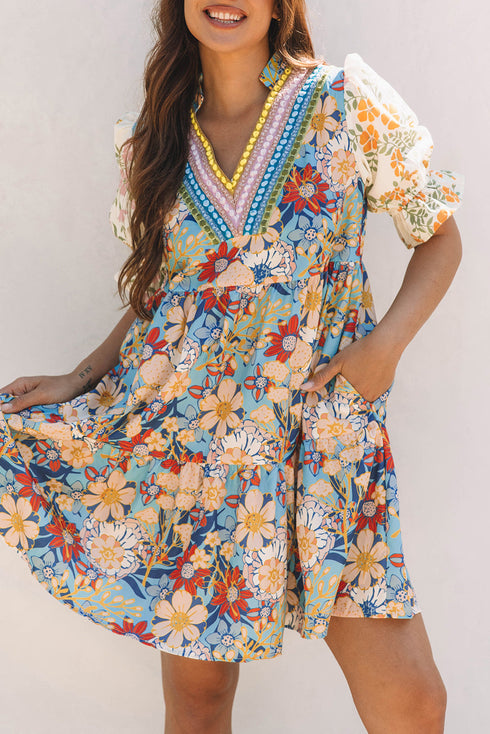Boho Floral Print Crochet Patchwork V Neck Loose Mini Dress