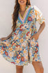 Boho Floral Print Crochet Patchwork V Neck Loose Mini Dress