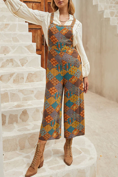 Boho Floral Print Crossed Strap Wide Leg Jumpsuit