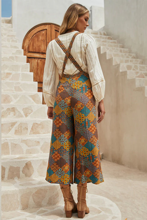 Boho Floral Print Crossed Strap Wide Leg Jumpsuit