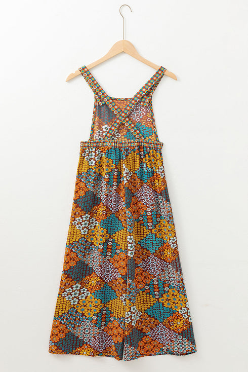 Boho Floral Print Crossed Strap Wide Leg Jumpsuit