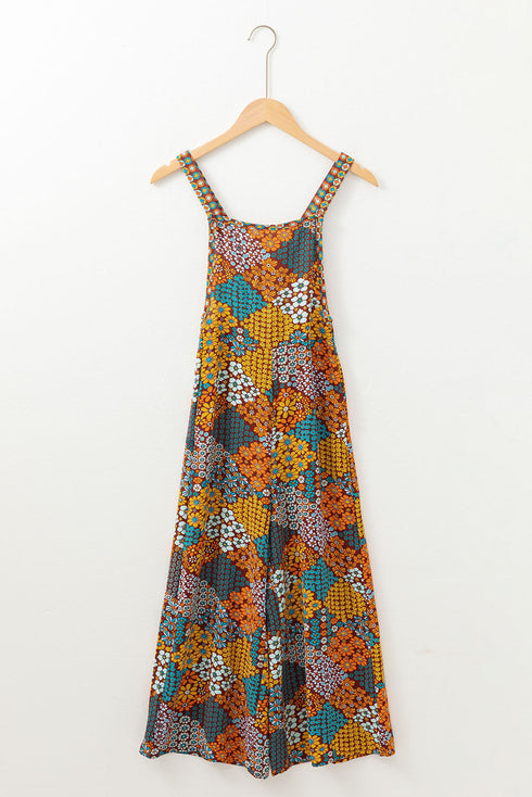 Boho Floral Print Crossed Strap Wide Leg Jumpsuit