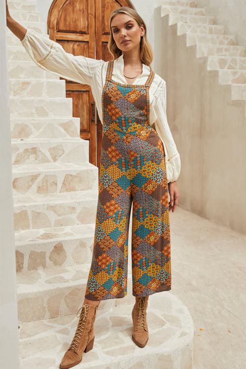 Boho Floral Print Crossed Strap Wide Leg Jumpsuit