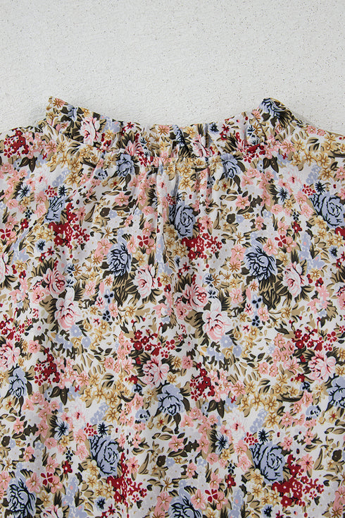 Boho Floral Print Frilled Ruffle Sleeve Woven Blouse