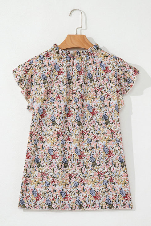 Boho Floral Print Frilled Ruffle Sleeve Woven Blouse