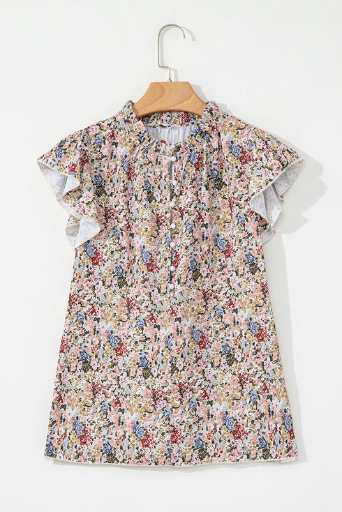Boho Floral Print Frilled Ruffle Sleeve Woven Blouse