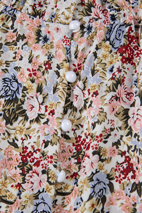 Boho Floral Print Frilled Ruffle Sleeve Woven Blouse