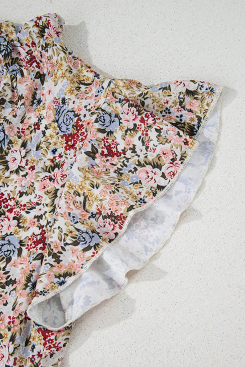 Boho Floral Print Frilled Ruffle Sleeve Woven Blouse