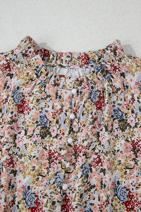 Boho Floral Print Frilled Ruffle Sleeve Woven Blouse