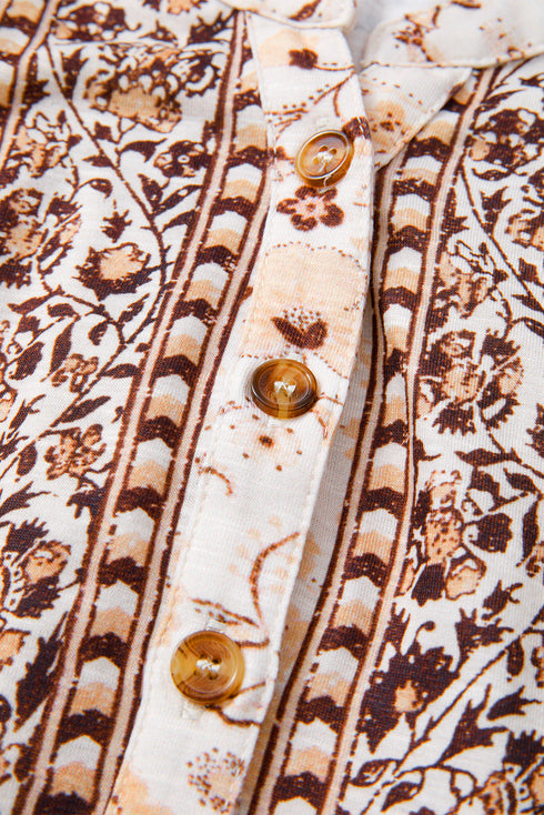 Boho Floral Print Half Placket Relaxed Fit Short Sleeve Blouse