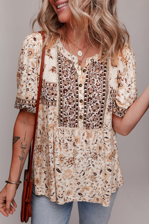Boho Floral Print Half Placket Relaxed Fit Short Sleeve Blouse