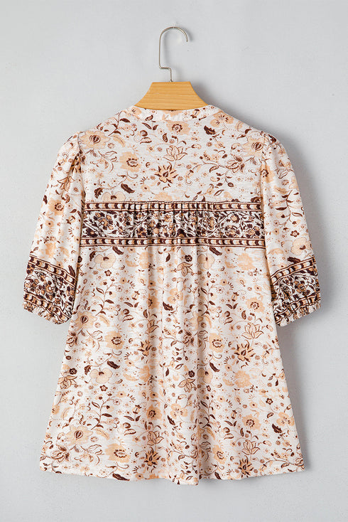 Boho Floral Print Half Placket Relaxed Fit Short Sleeve Blouse
