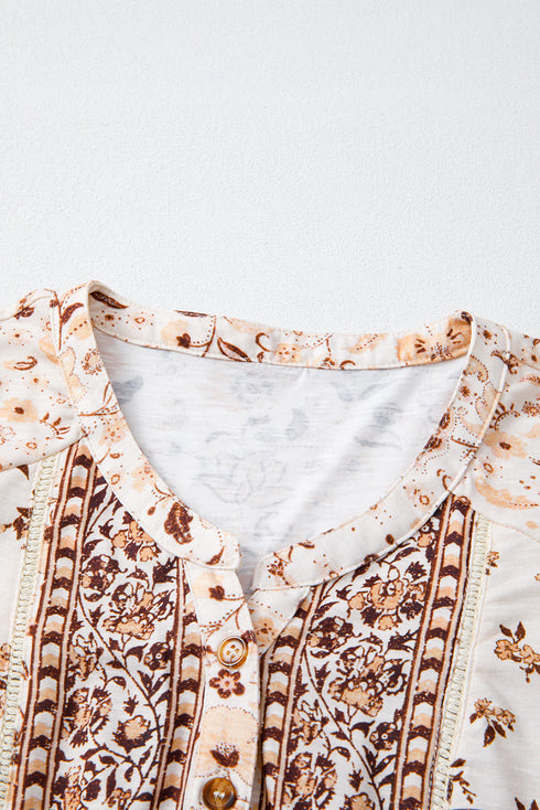 Boho Floral Print Half Placket Relaxed Fit Short Sleeve Blouse