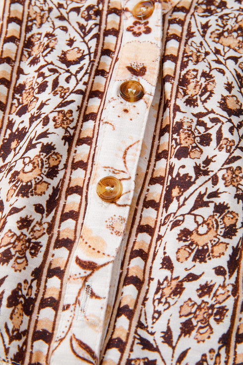 Boho Floral Print Half Placket Relaxed Fit Short Sleeve Blouse