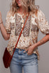 Boho Floral Print Half Placket Relaxed Fit Short Sleeve Blouse
