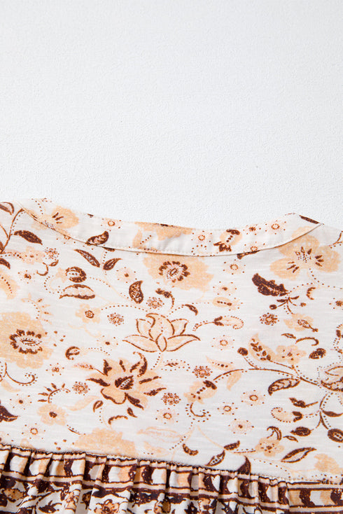 Boho Floral Print Half Placket Relaxed Fit Short Sleeve Blouse