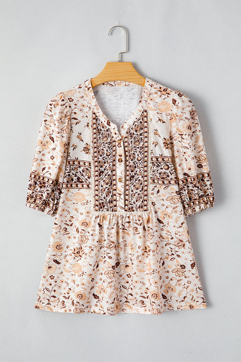 Boho Floral Print Half Placket Relaxed Fit Short Sleeve Blouse