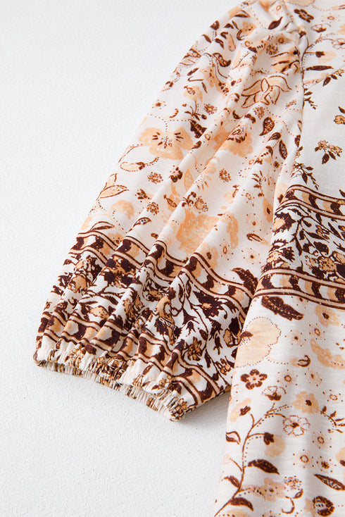 Boho Floral Print Half Placket Relaxed Fit Short Sleeve Blouse