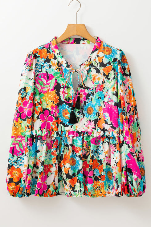 Boho Floral Print Split Neck Tassel Blouse