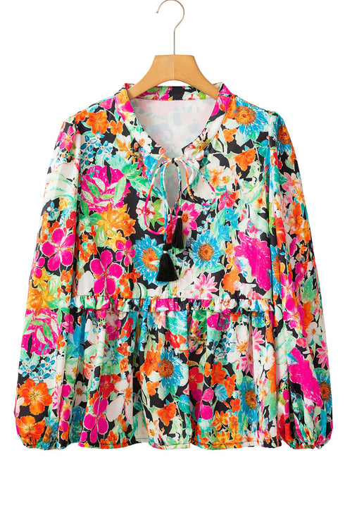 Boho Floral Print Split Neck Tassel Blouse