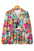 Boho Floral Print Split Neck Tassel Blouse