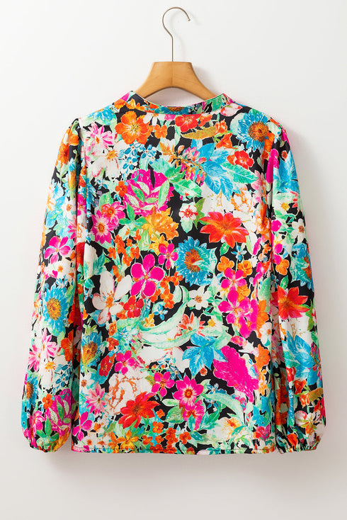 Boho Floral Print Split Neck Tassel Blouse