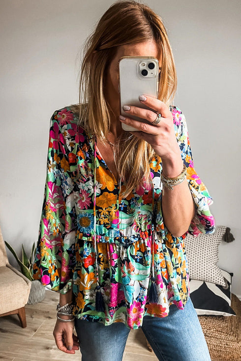 Boho Floral Print Split Neck Tassel Blouse