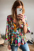 Boho Floral Print Split Neck Tassel Blouse